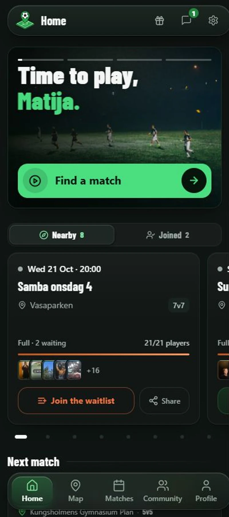 The signed-in AllPlay home screen with a personal greeting, a full football game and player photos.