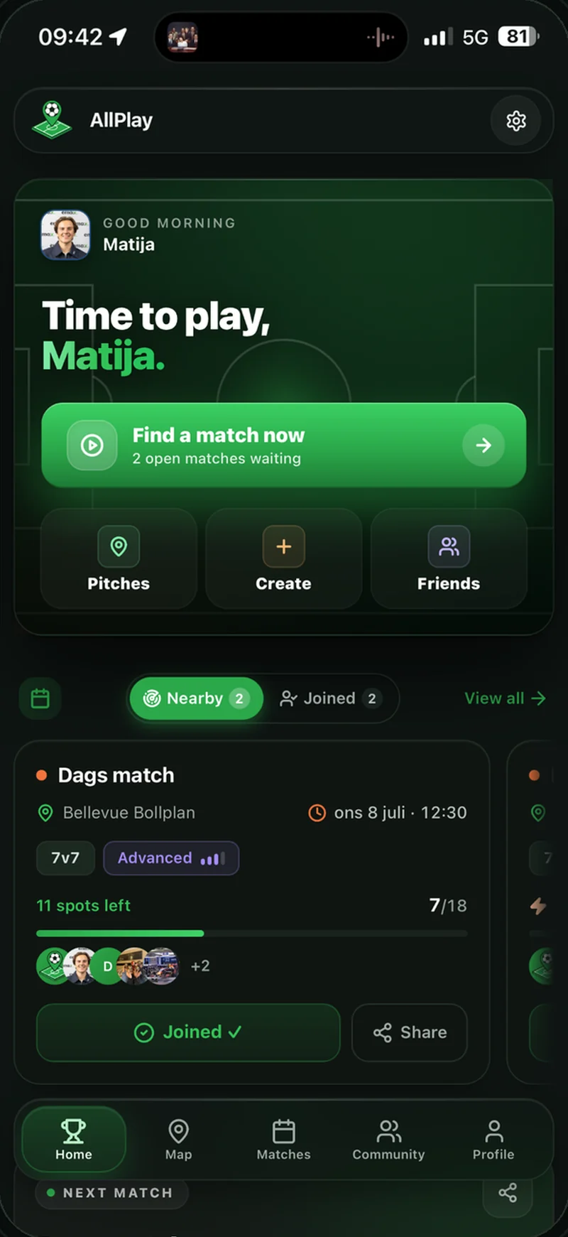 The AllPlay home screen, showing open matches near you.