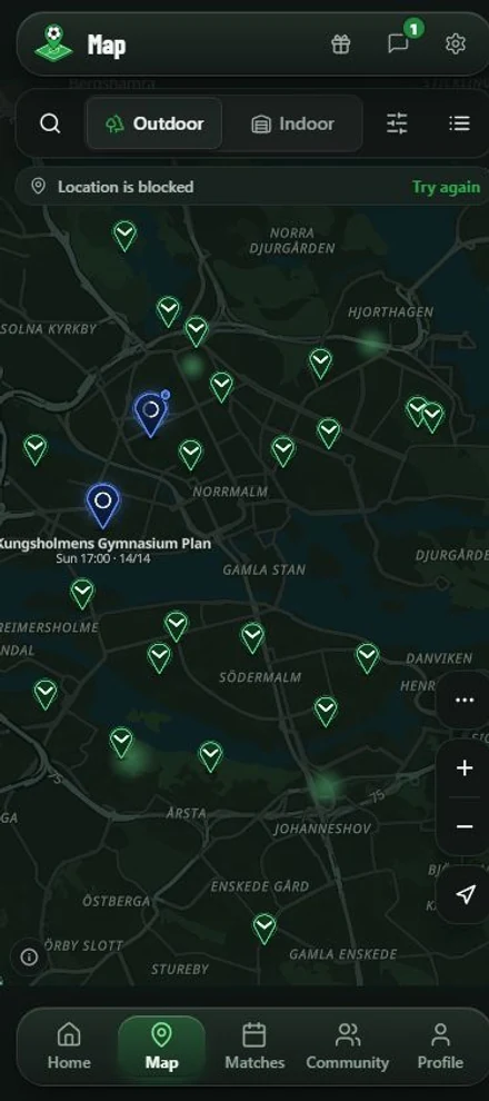 The AllPlay map showing football pitches around Stockholm.