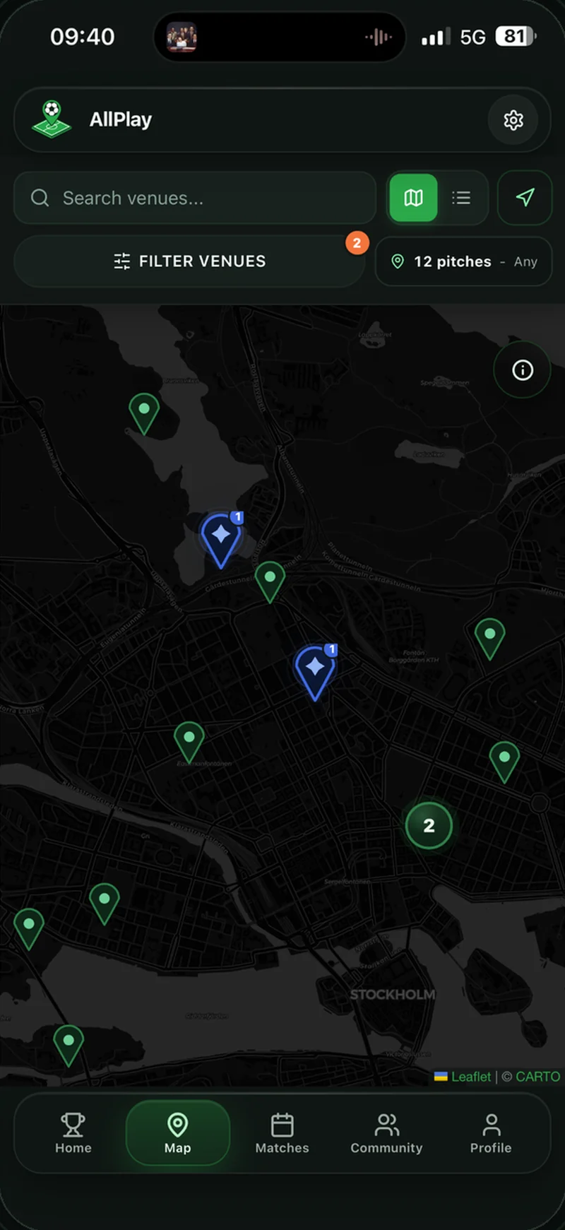 The AllPlay map, showing football pitches across Stockholm.
