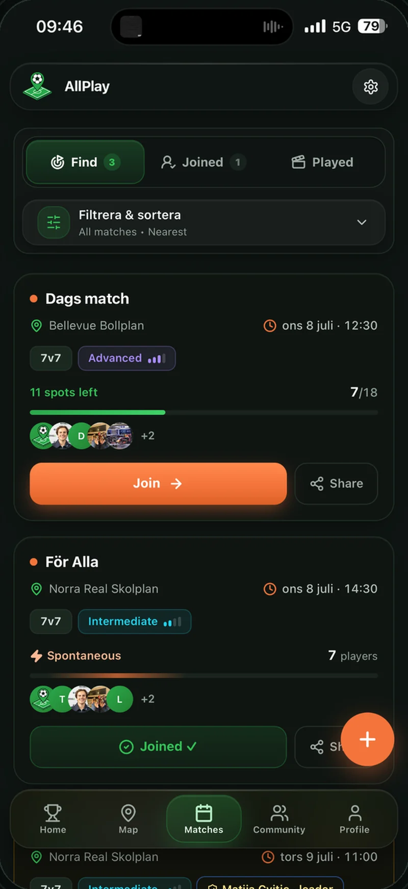 The AllPlay match list, showing games you can join.