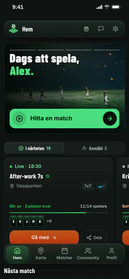AllPlays startsida: en personlig hälsning, en knapp för att hitta en match och öppna matcher i närheten.