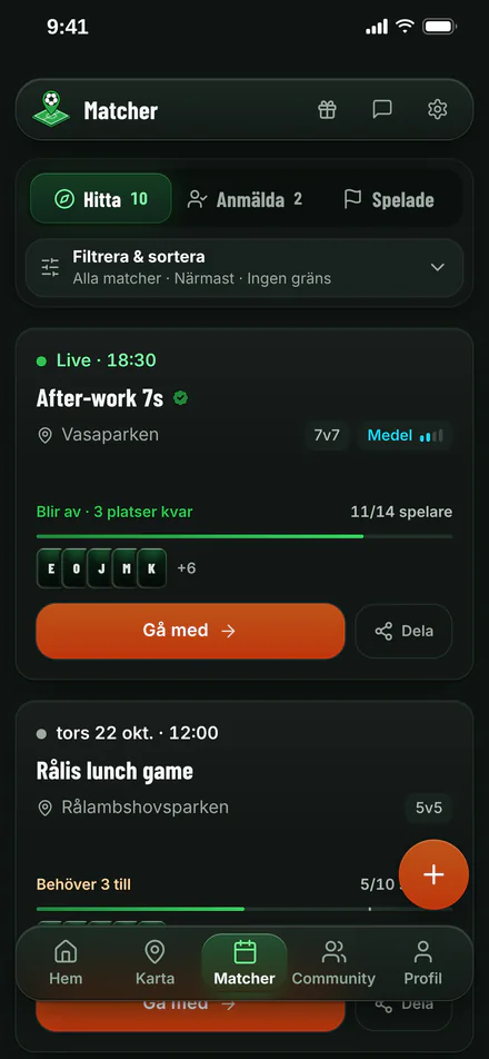 AllPlays matchlista: öppna matcher med avspark, plan, format och lediga platser.